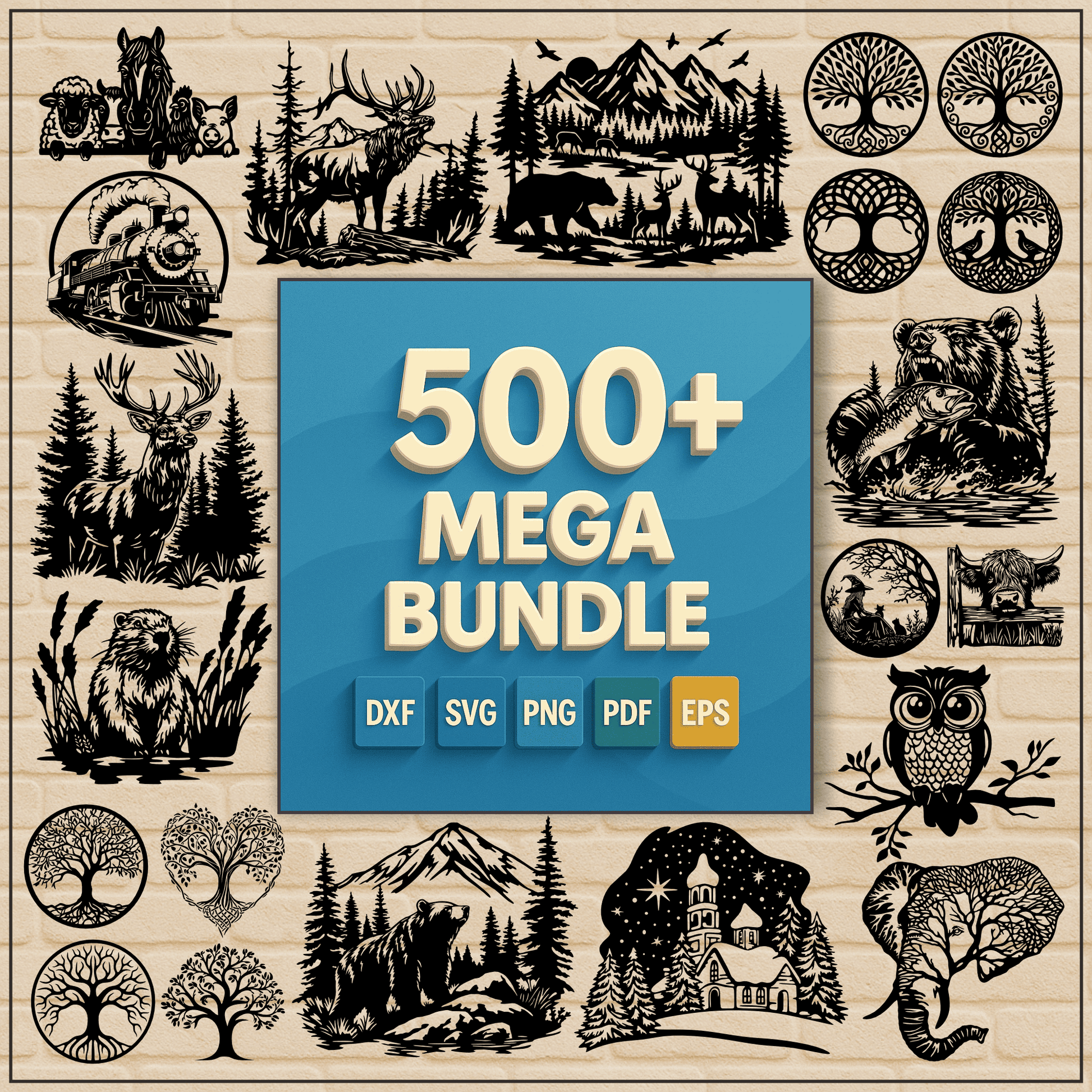 500+ Mega Bundle of CNC SVG DXF PNG PDF EPS files for laser cutting and Cricut