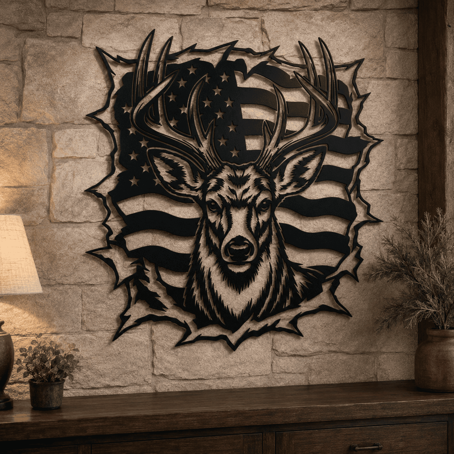 Whitetail buck laser cut file with American stars and stripes