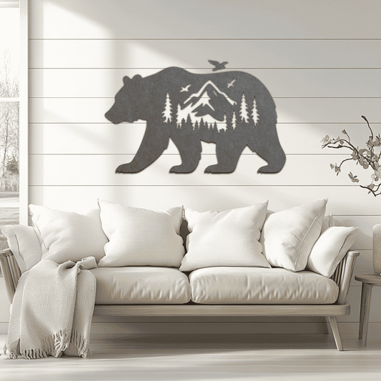 Bear silhouette with mountain forest scene