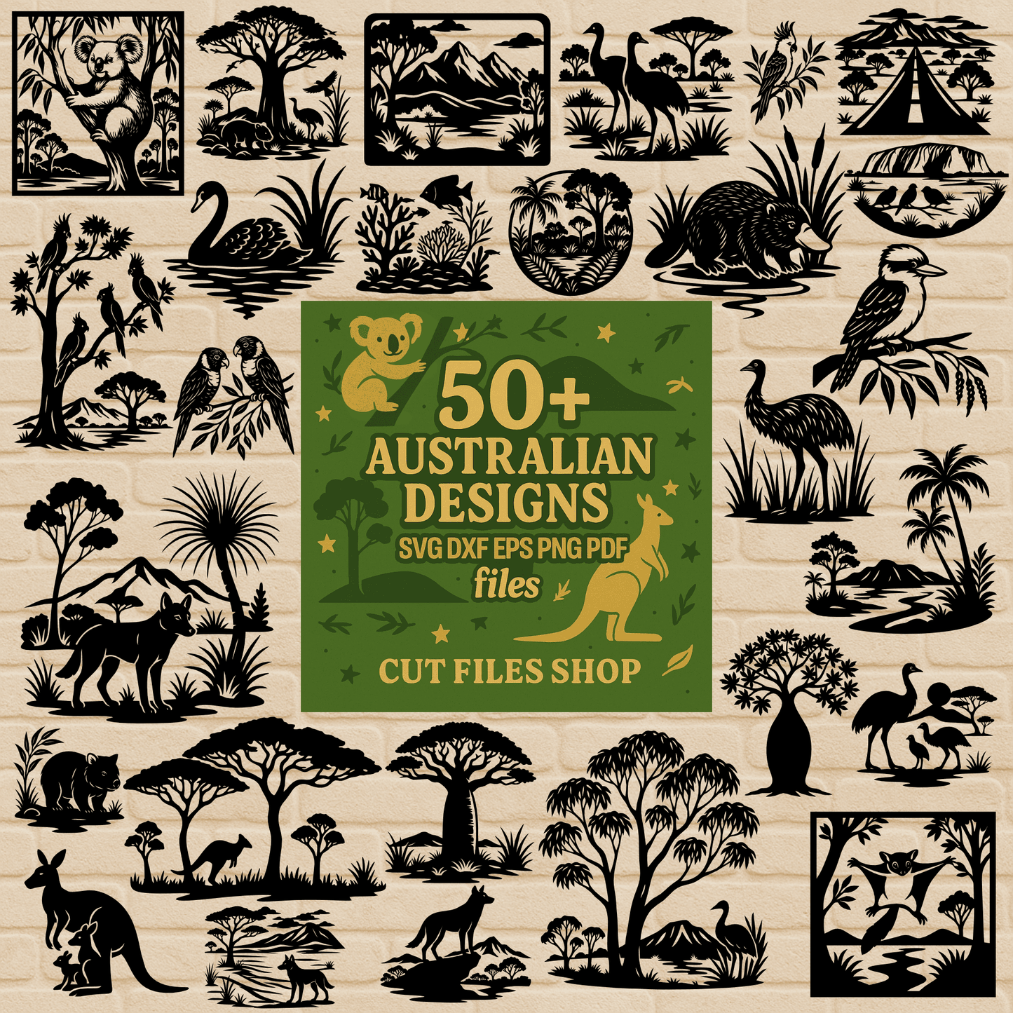 Australian wildlife SVG bundle preview with koala, kangaroo and native trees