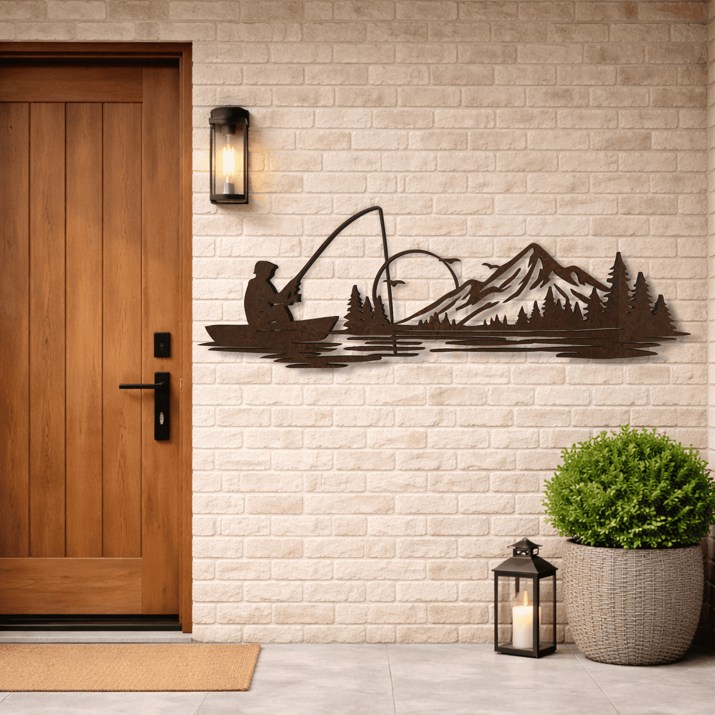 Fisherman silhouette lake scene SVG