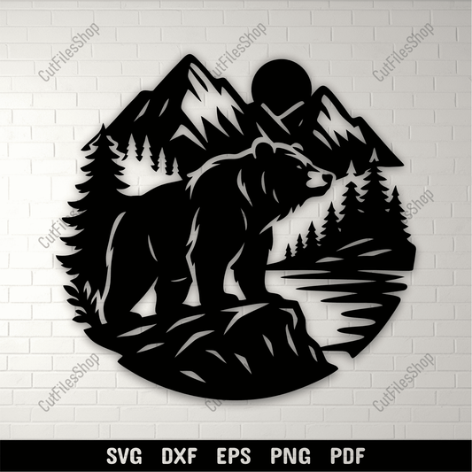 Bear mountain scene SVG DXF PNG for CNC laser cutting