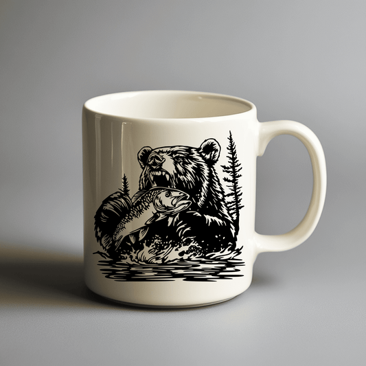 Bear with Fish SVG bundle with funny and cute bear designs. Ideal for Cricut, Silhouette, and CNC users. Bear Cup design, DTF print