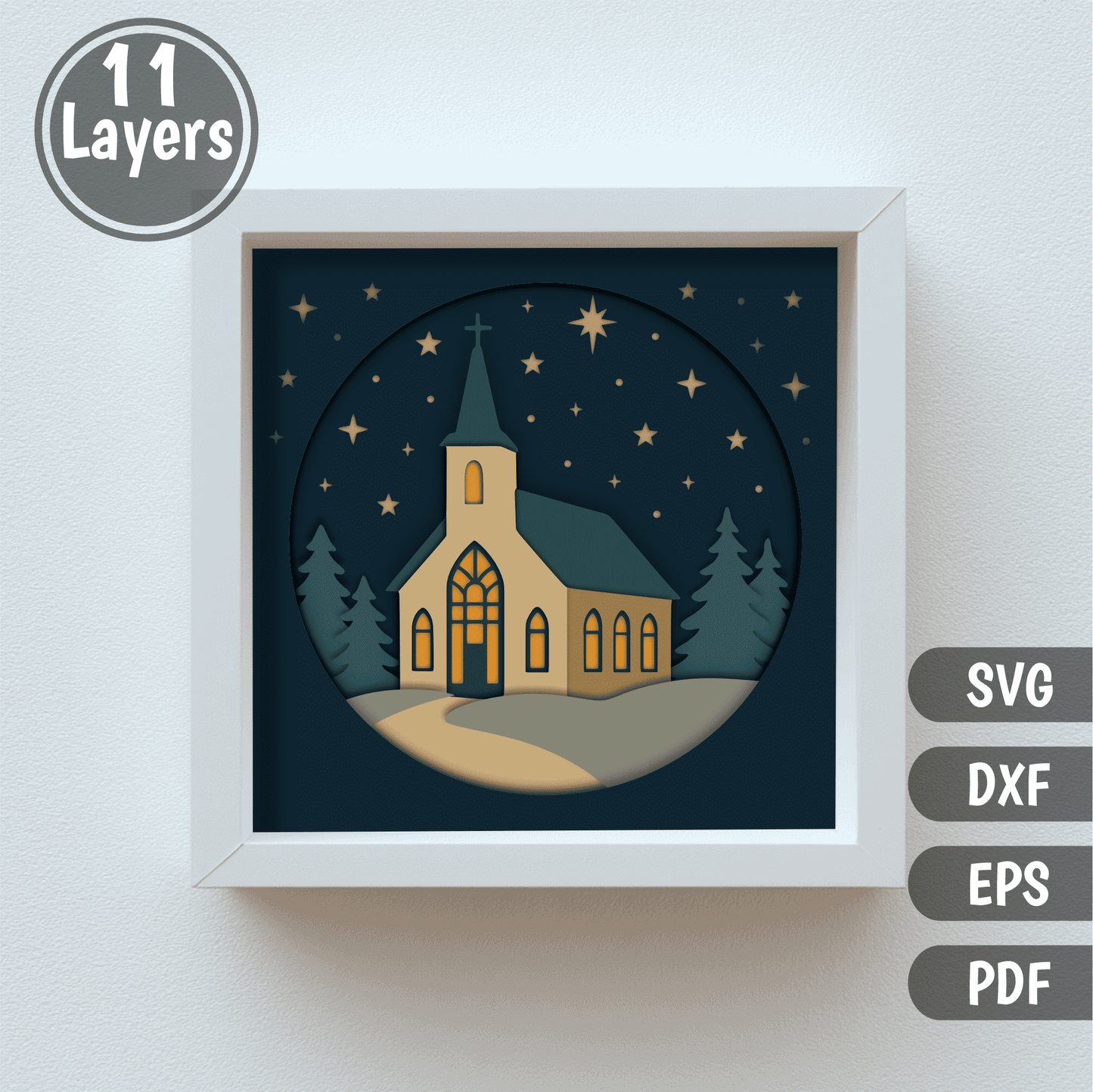 Winter night church scene with stars and pine trees cutting file