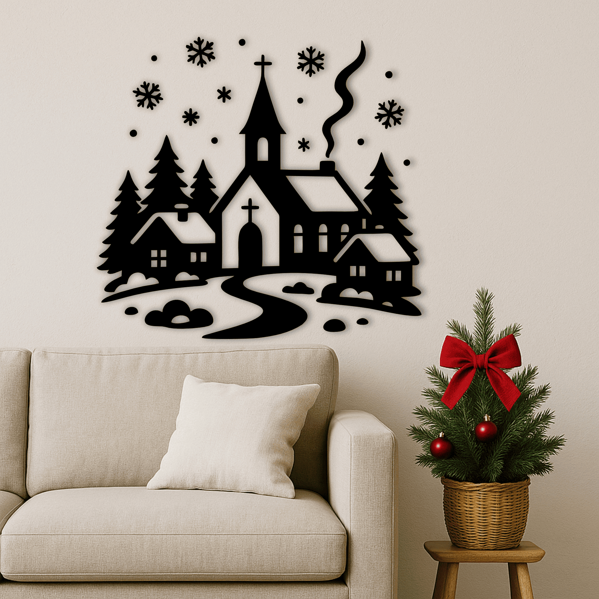 Church winter landscape SVG DXF for CNC
