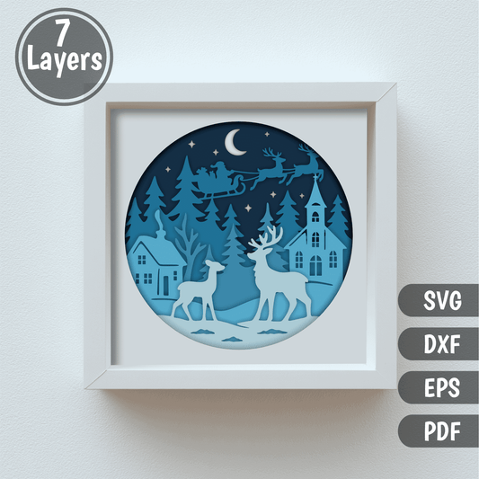 Santa sleigh flying over village layered shadow box design