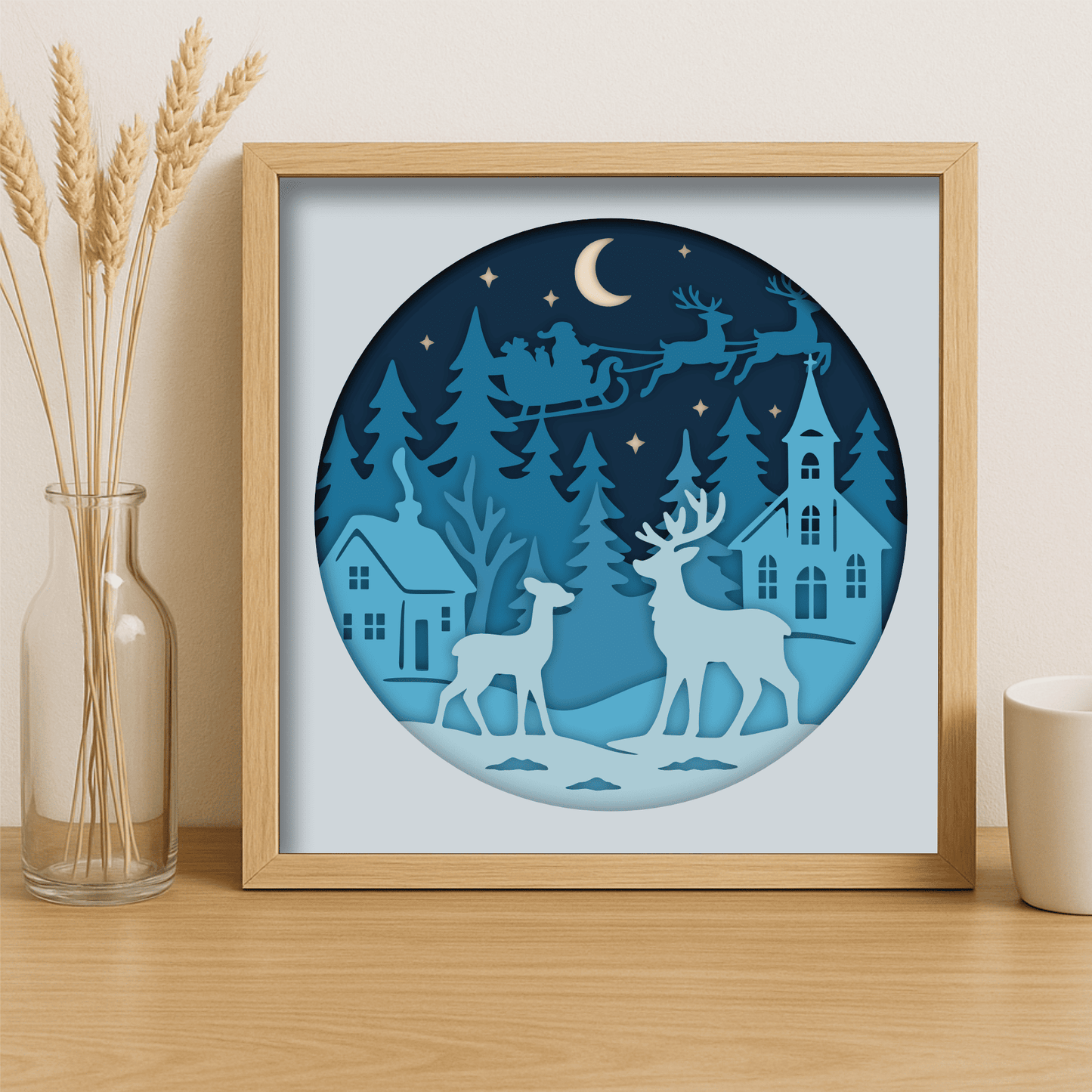 Winter night scene with reindeer and church 3D cutting file