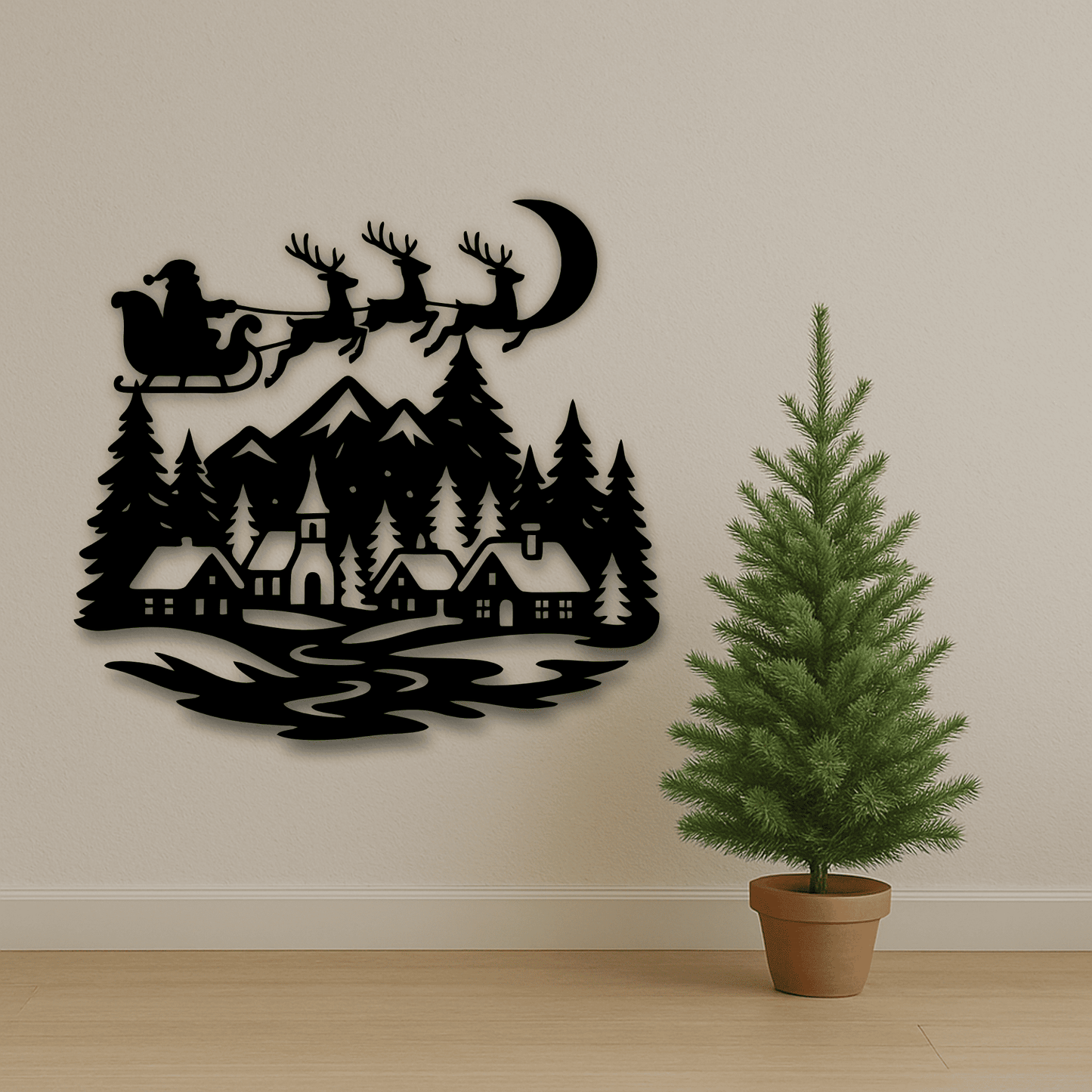 Santa sleigh over village SVG DXF PNG for CNC