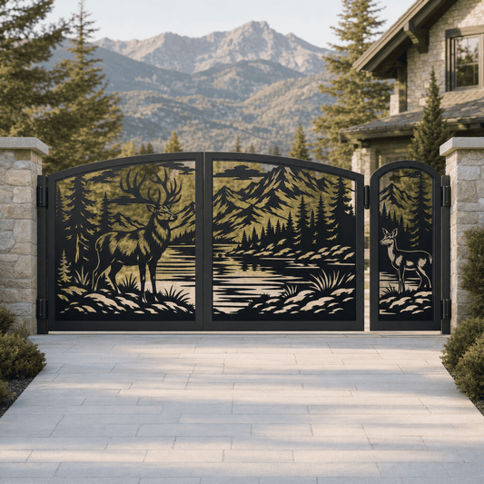 Double metal gate SVG and DXF files featuring a continuous wildlife landscape.