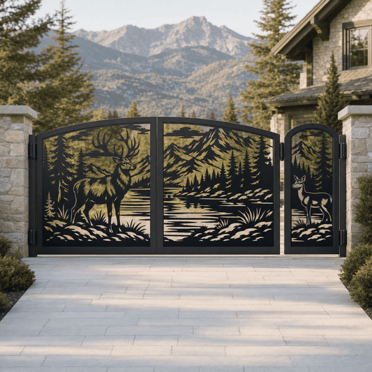 Double metal gate SVG and DXF files featuring a continuous wildlife landscape.