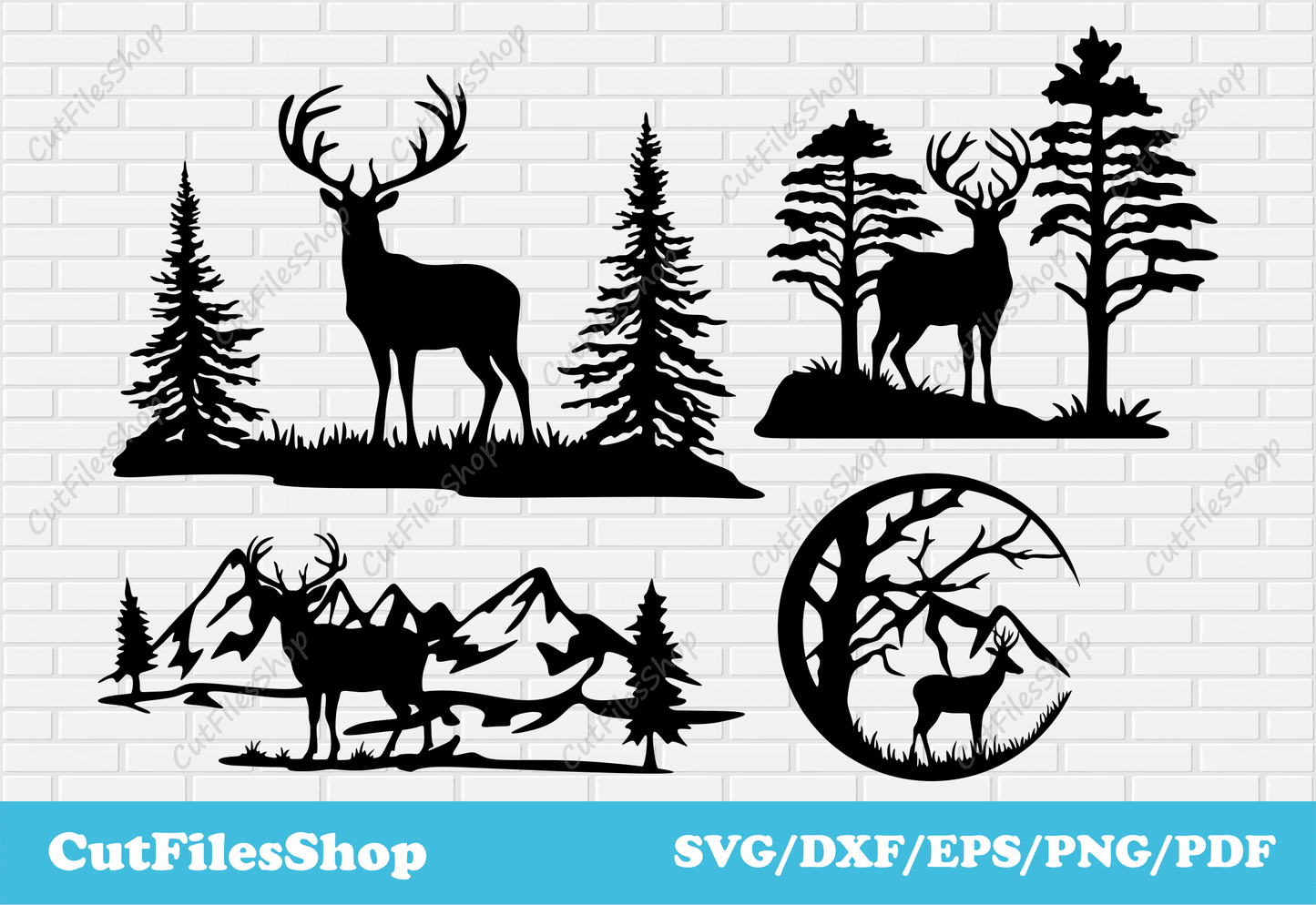 Deer scenes dxf for Plasma cut, nature dxf for Laser cut, Svg deer for Cricut, Stencils dxf, wildlife dxf, forest dxf, deer stencil, deer silhouette, metalworking dxf, svg for shopper design, mountains for laser cut