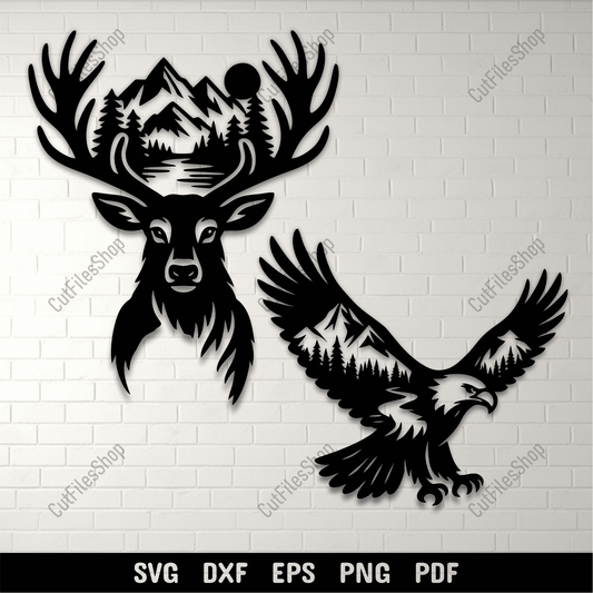 Deer and eagle SVG DXF PNG with mountain and forest design