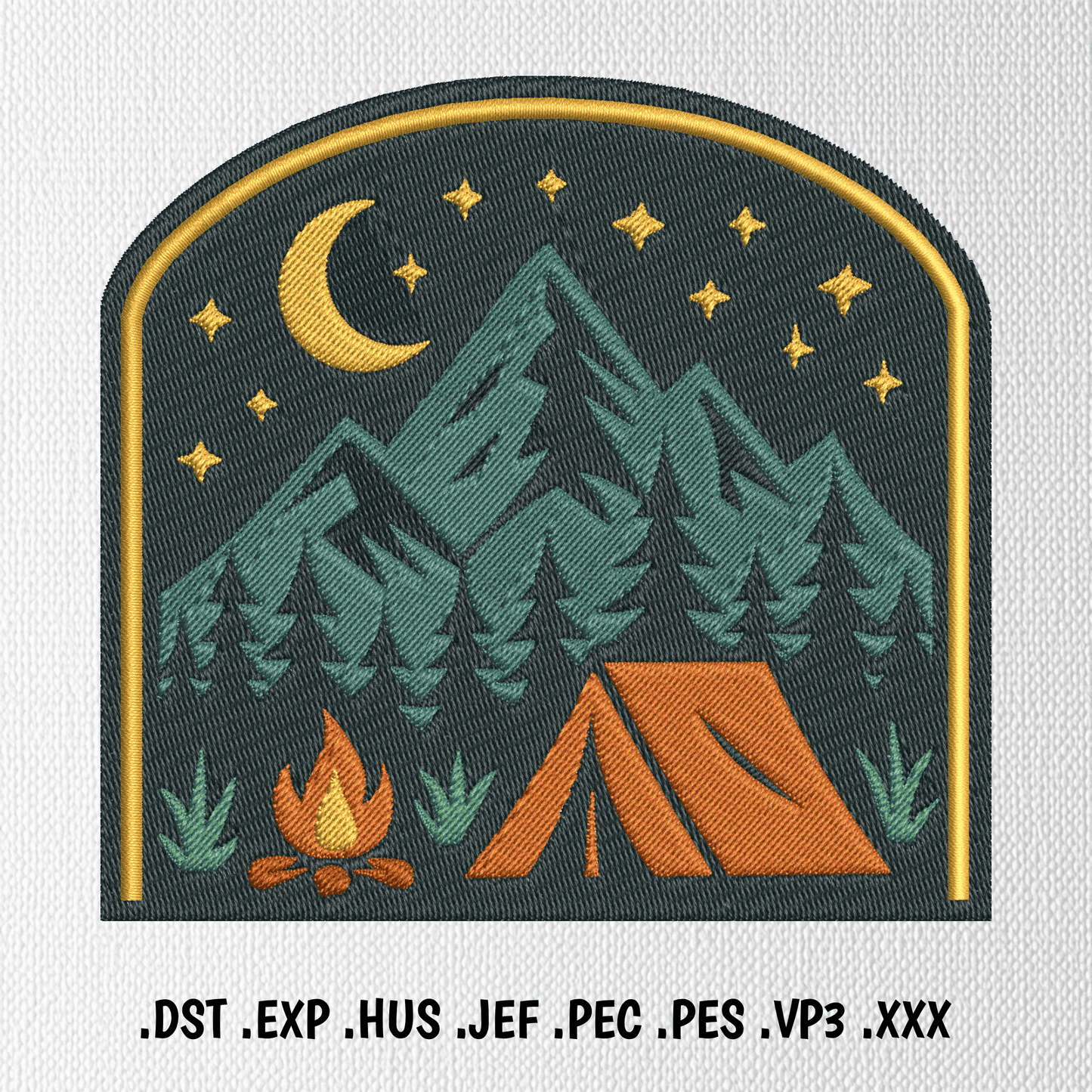 Camping scene embroidery with tent and trees