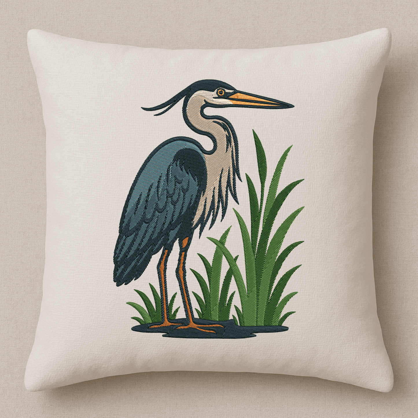 Heron in the wild embroidery pillow design
