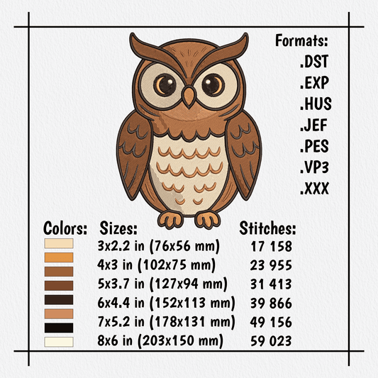 Owl perched embroidery in DST and PES formats