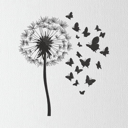 Botanical embroidery pattern showing dandelion and butterfly shapes
