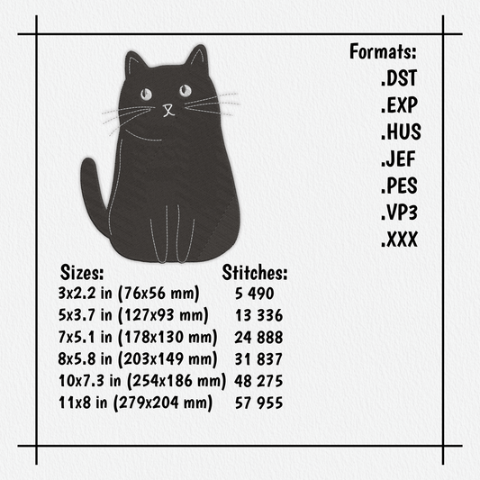 Cat illustration with embroidery format and size information on a white background