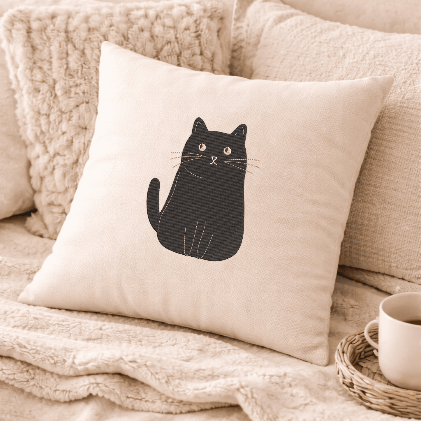 Sitting cat embroidery design for bags and decor