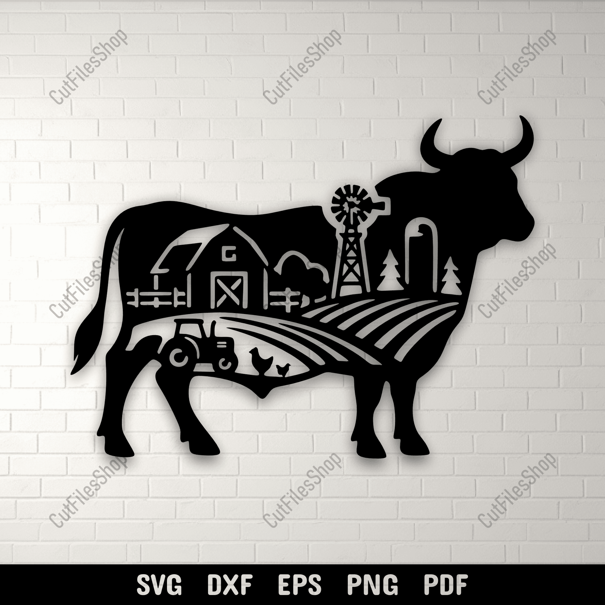 Farm bull scene SVG DXF PNG for CNC laser cutting