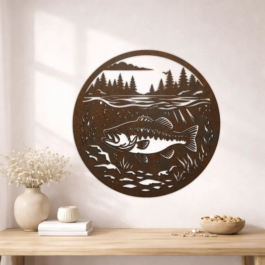 Bass fish DXF file with mountain lake scene