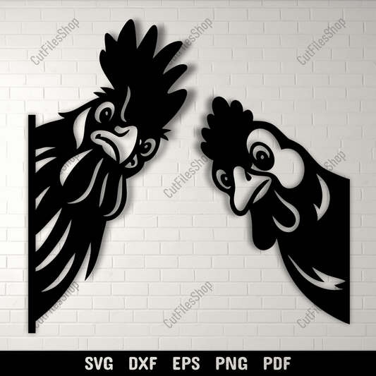 Peeking chickens and rooster DXF SVG farm animal cutting file for Cricut