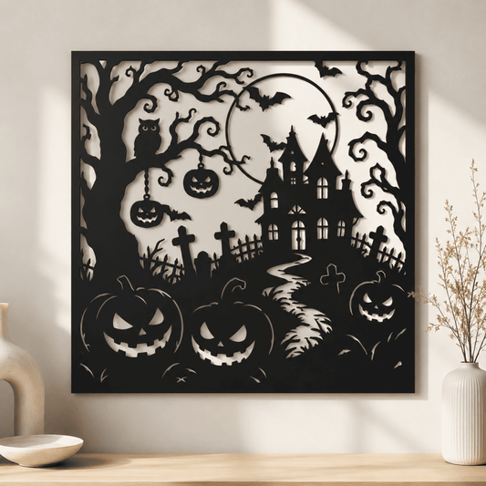 Halloween Haunted House Wall Art SVG DXF | Laser Cut Files for CNC Plasma, Glowforge & Cricut | Spooky Metal Wall Decor