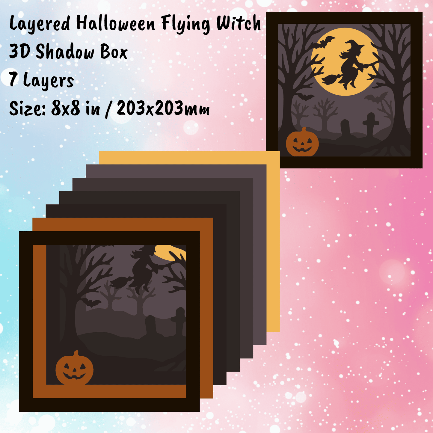 Witch on broomstick 3D shadow box for laser and CNC cutting