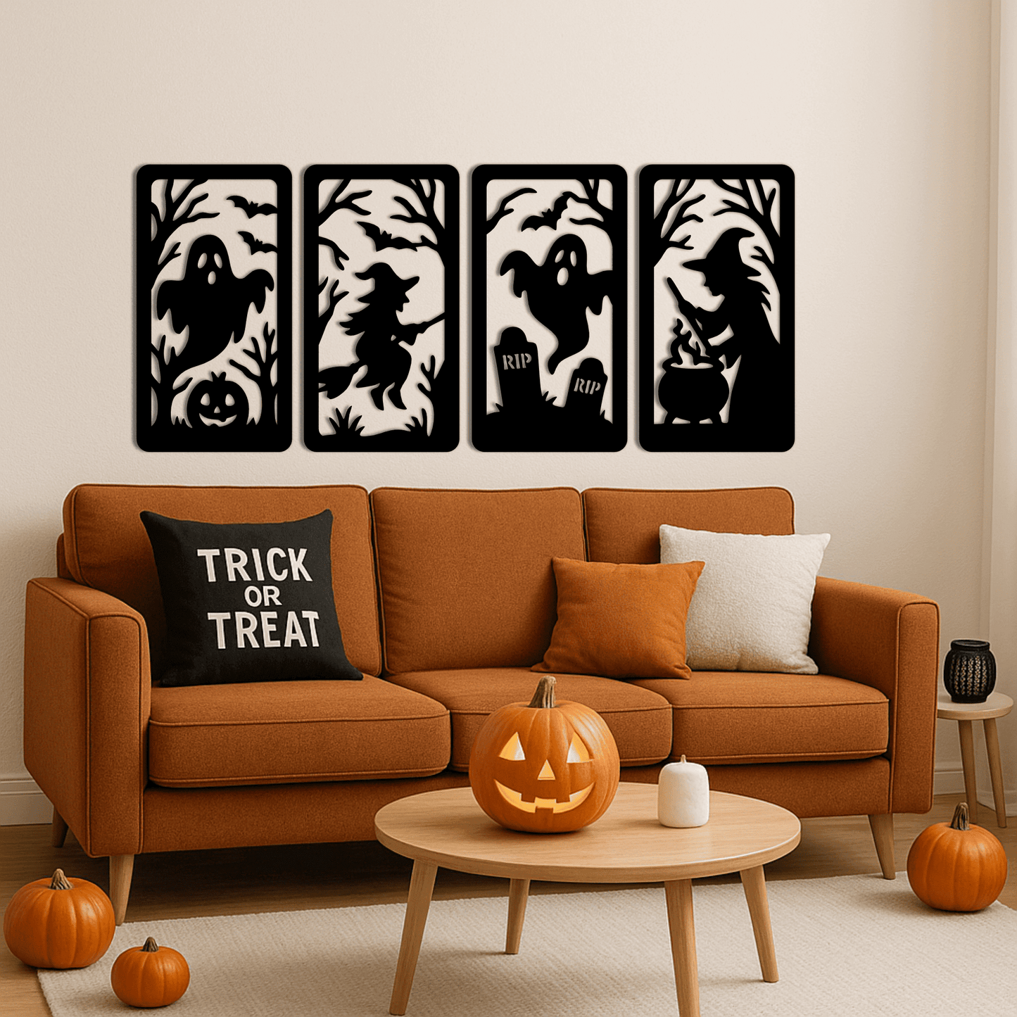 Halloween CNC wall art with witch and bats