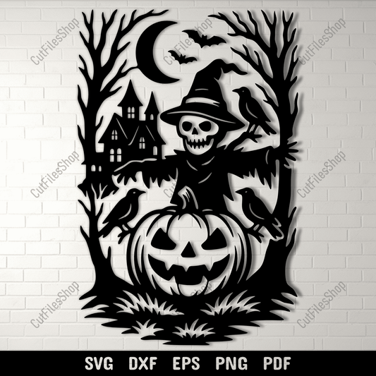 Halloween scarecrow SVG cutting file with pumpkin and haunted house