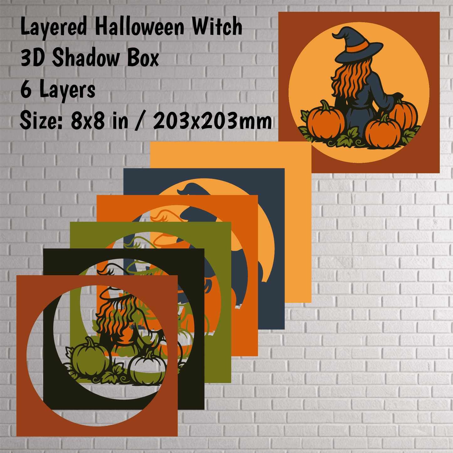 Autumn witch silhouette layered art template with pumpkins and vines