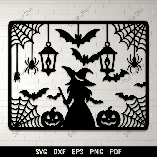 Halloween witch scene SVG cutting file with bats and pumpkins