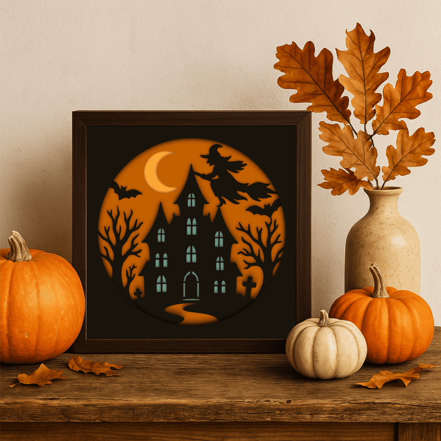 Haunted house and witch multilayer shadow box design for Cricut and Glowforge