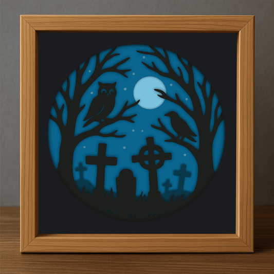 Graveyard scene 3D shadow box with owl and full moon cutting files, Layered Svg Dxf Eps Pdf