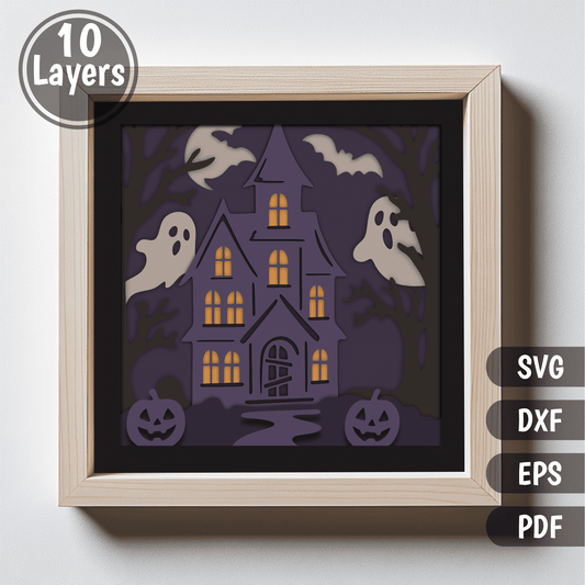 Haunted house with ghosts 3D shadow box layered SVG DXF EPS PDF design