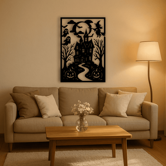 Halloween DXF design with haunted mansion and pumpkins