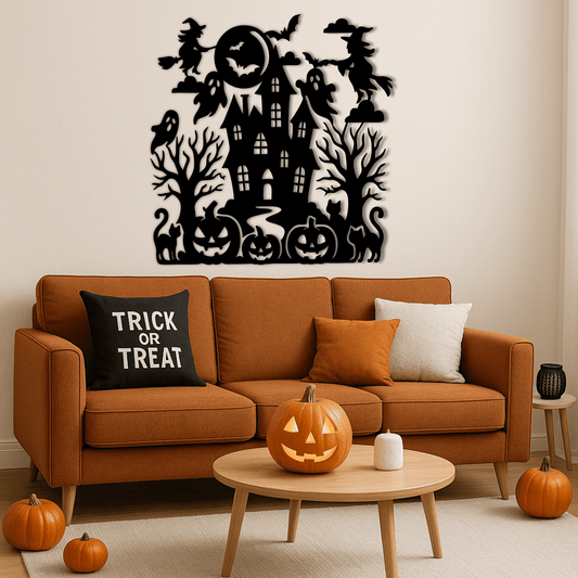 Halloween DXF design with haunted mansion and pumpkins for CNC