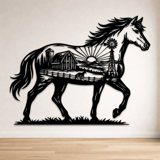 horse silhouette with farm landscape svg