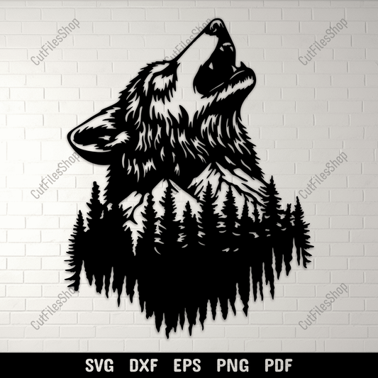 Howling wolf SVG DXF PNG with forest and mountain scene