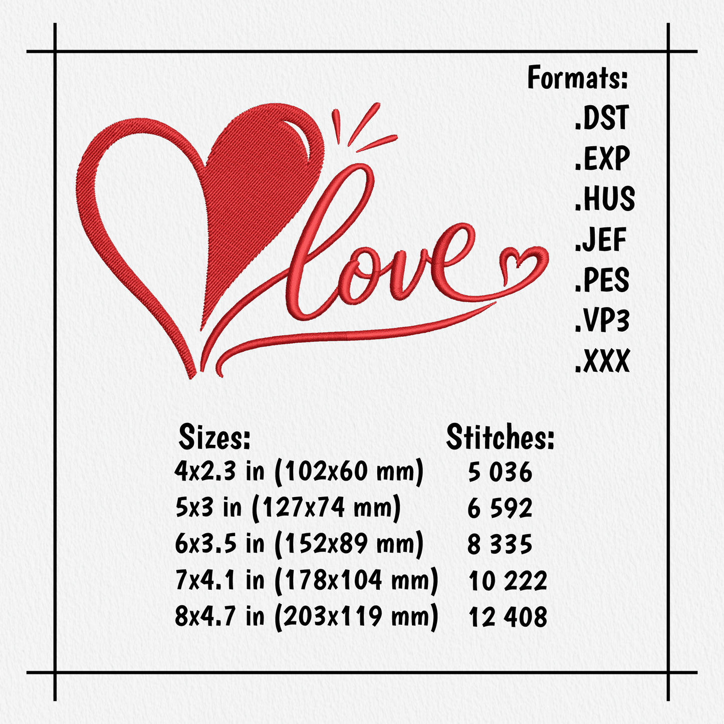 Digital embroidery love design preview with red thread details