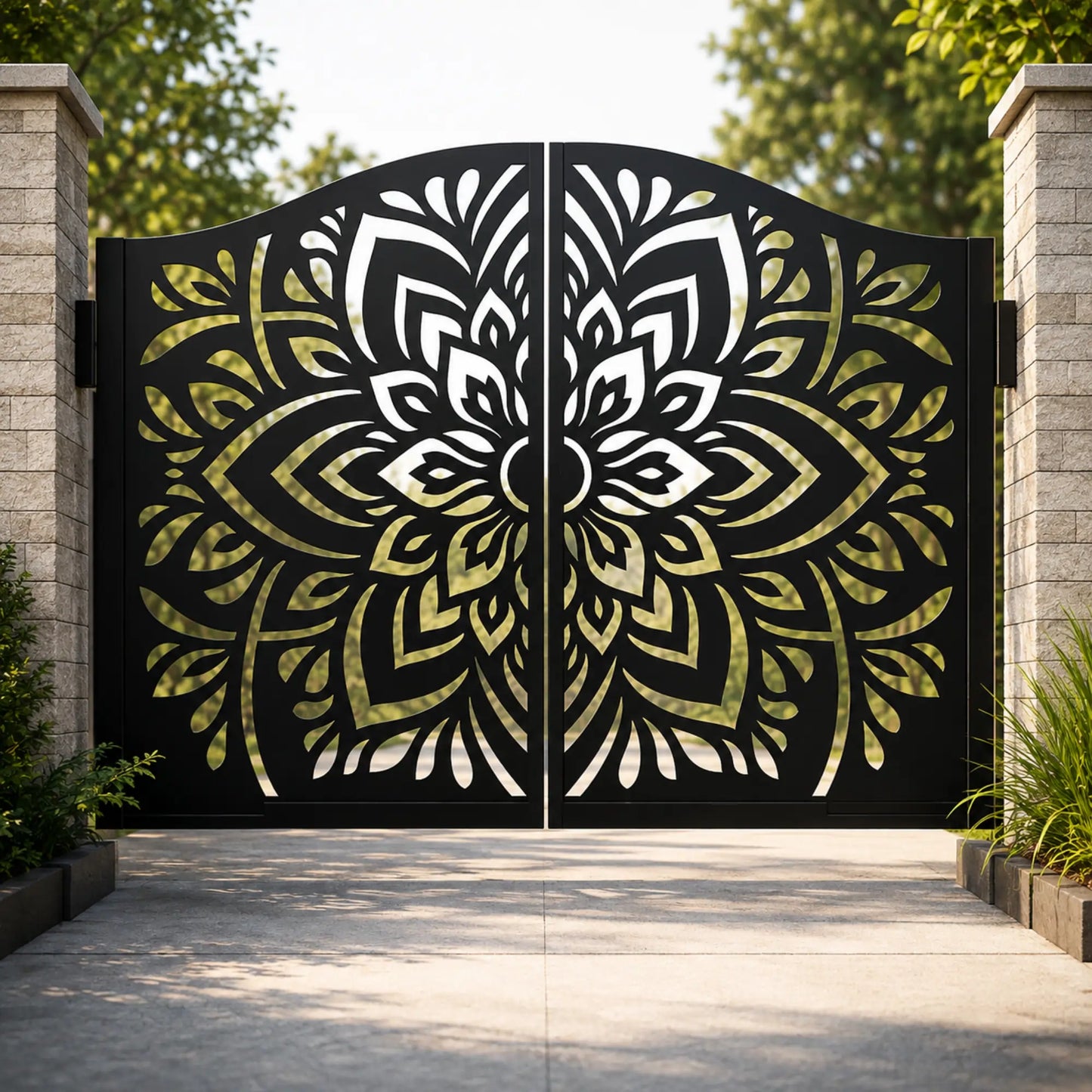 Mandala metal gate DXF SVG design with ornamental floral pattern for CNC laser cutting, driveway gates and fence panels.
