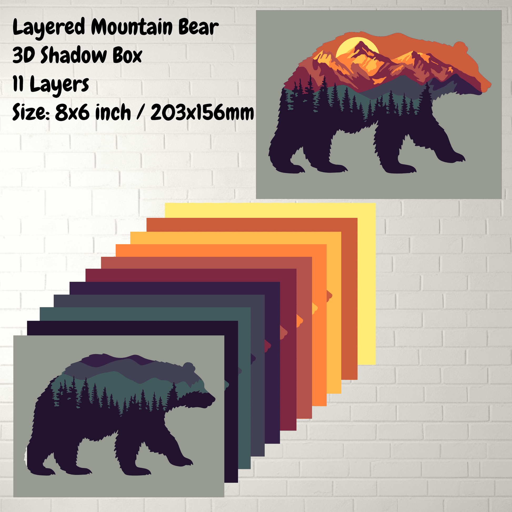 3D Bear Shadow Box SVG, Mountain Scene Papercraft, Cutting Files for DIY Decor Projects