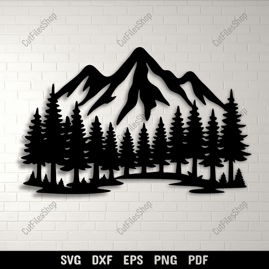 Mountain and pine forest silhouette SVG design