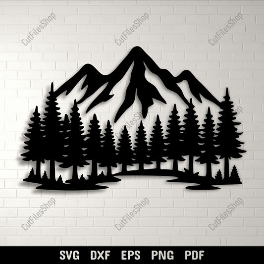 Mountain and pine forest silhouette SVG design
