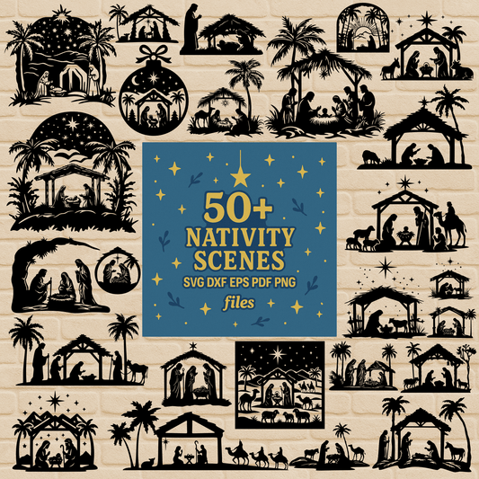 50+ Nativity Scenes SVG DXF EPS PDF PNG bundle on brick background
