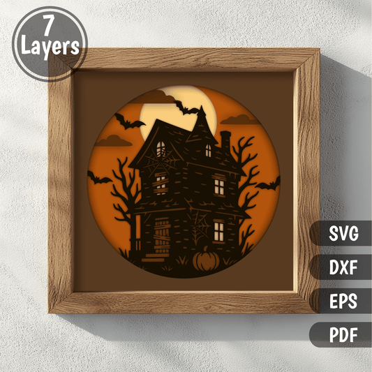 Spooky house layered shadow box design for Cricut and Glowforge