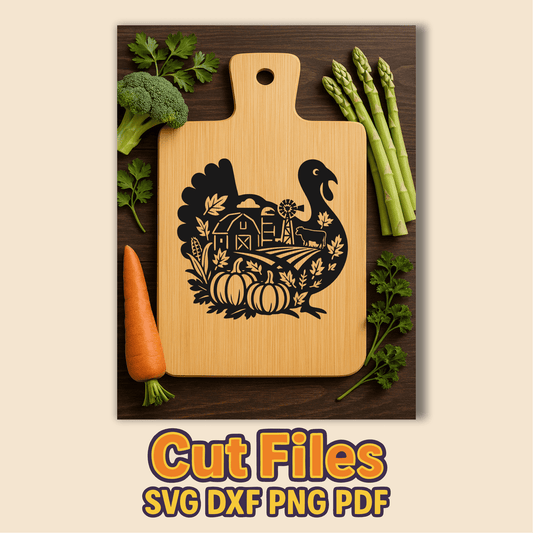 Turkey silhouette with pumpkins DXF cut file, Cutting Board svg files