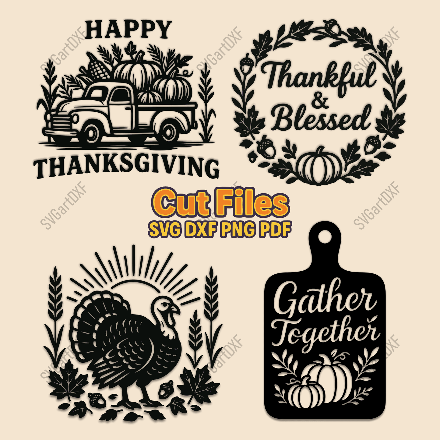 Thanksgiving SVG DXF PNG with turkey and pumpkins