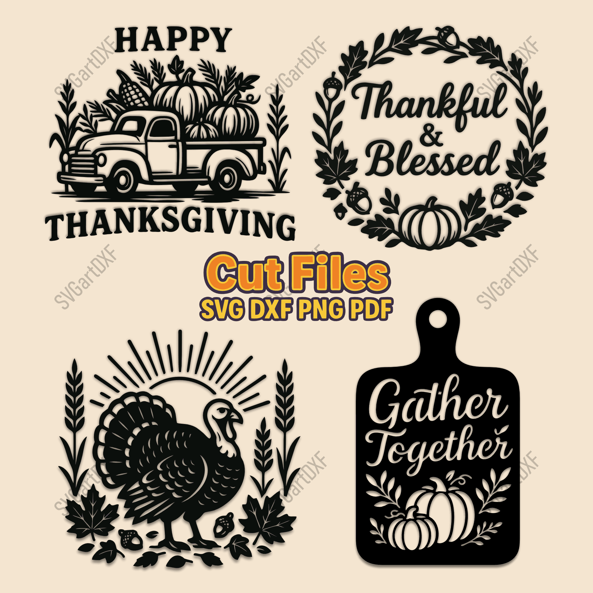 Thanksgiving SVG DXF PNG with turkey and pumpkins
