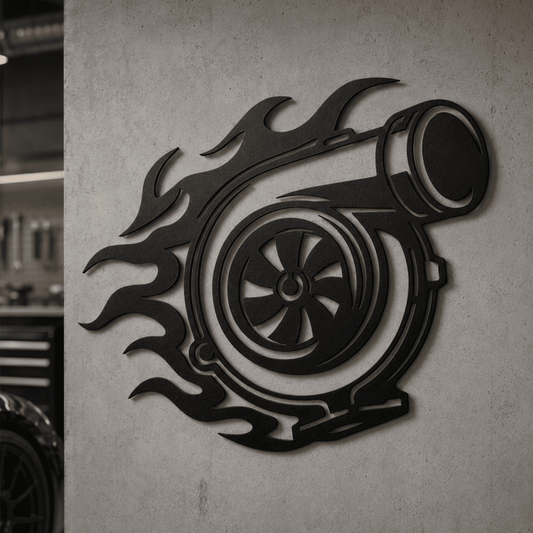 Black turbocharger metal wall art displayed in a modern garage