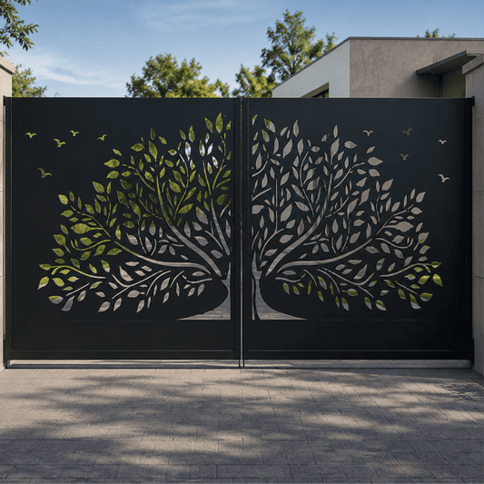 Tree railing panel for metal gate privacy screen and laser cut projects